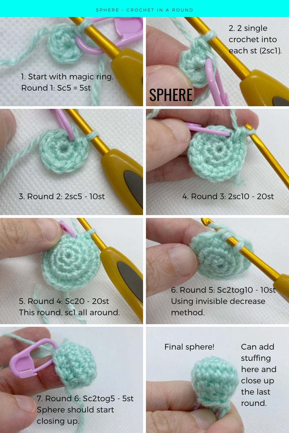 Diagram illustrating the increase and decrease pattern for creating a spherical amigurumi head