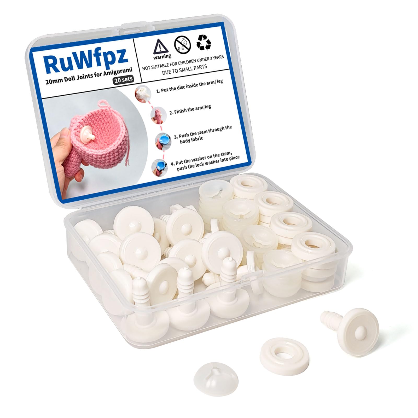 Safety joints being used to attach a crochet bunnys arm