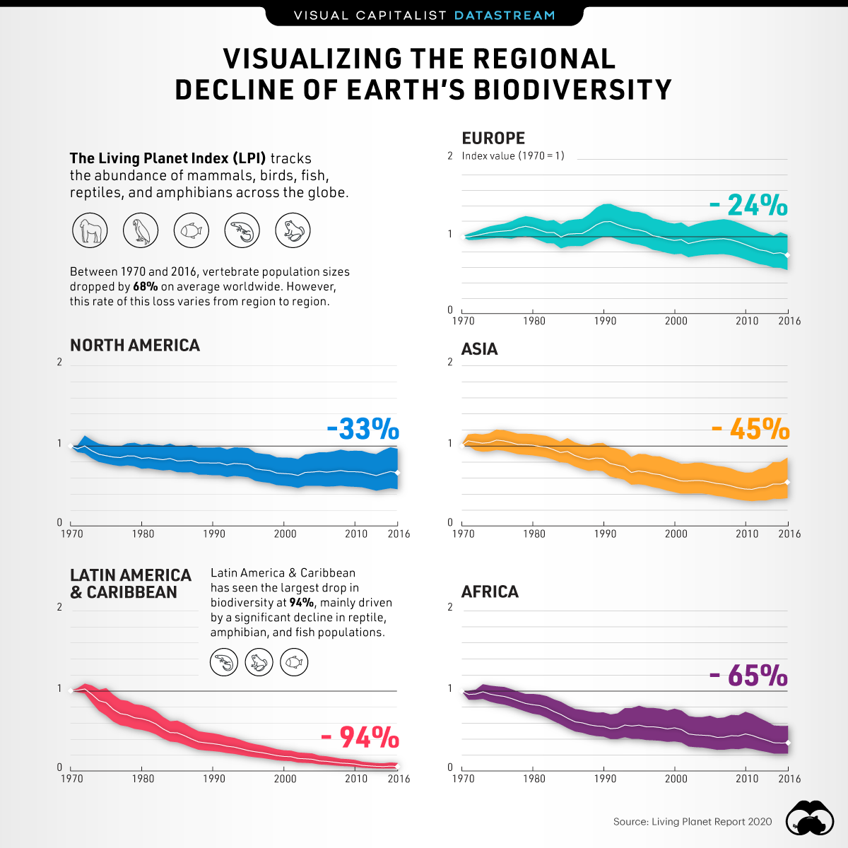 A visual representation of declining biodiversity highlighting the current rate of species loss compared to historical extinction events