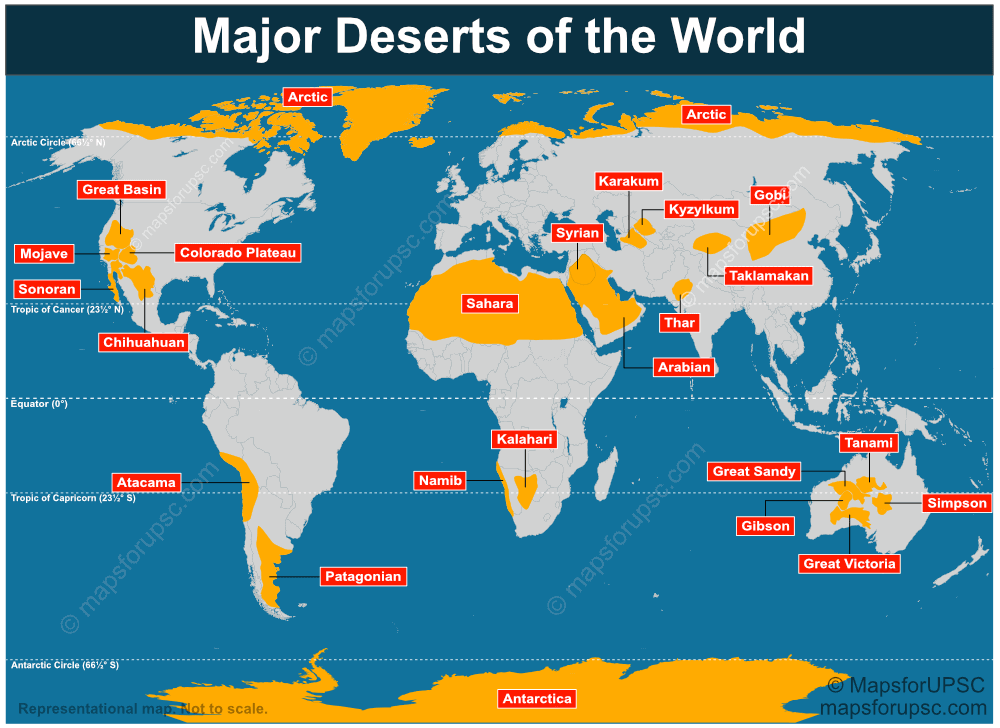 A world map illustrating the global distribution of major desert regions