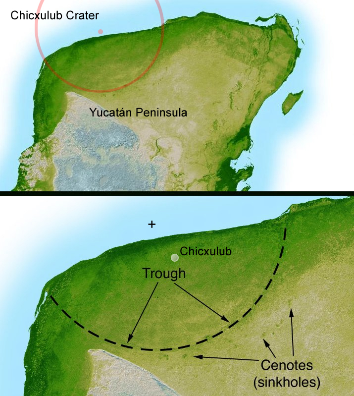 Map showing the location and estimated size of the Chicxulub impact crater in the Yucatan Peninsula