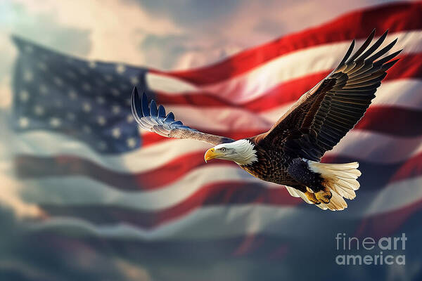 A majestic bald eagle soars through the sky with an American flag in the background