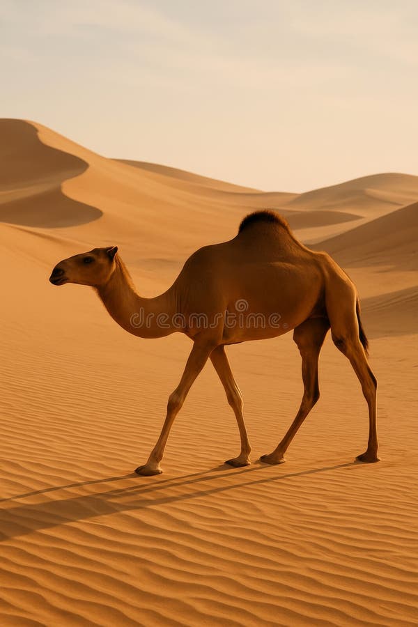 A majestic camel traversing the Sahara perfectly adapted to the harsh environment