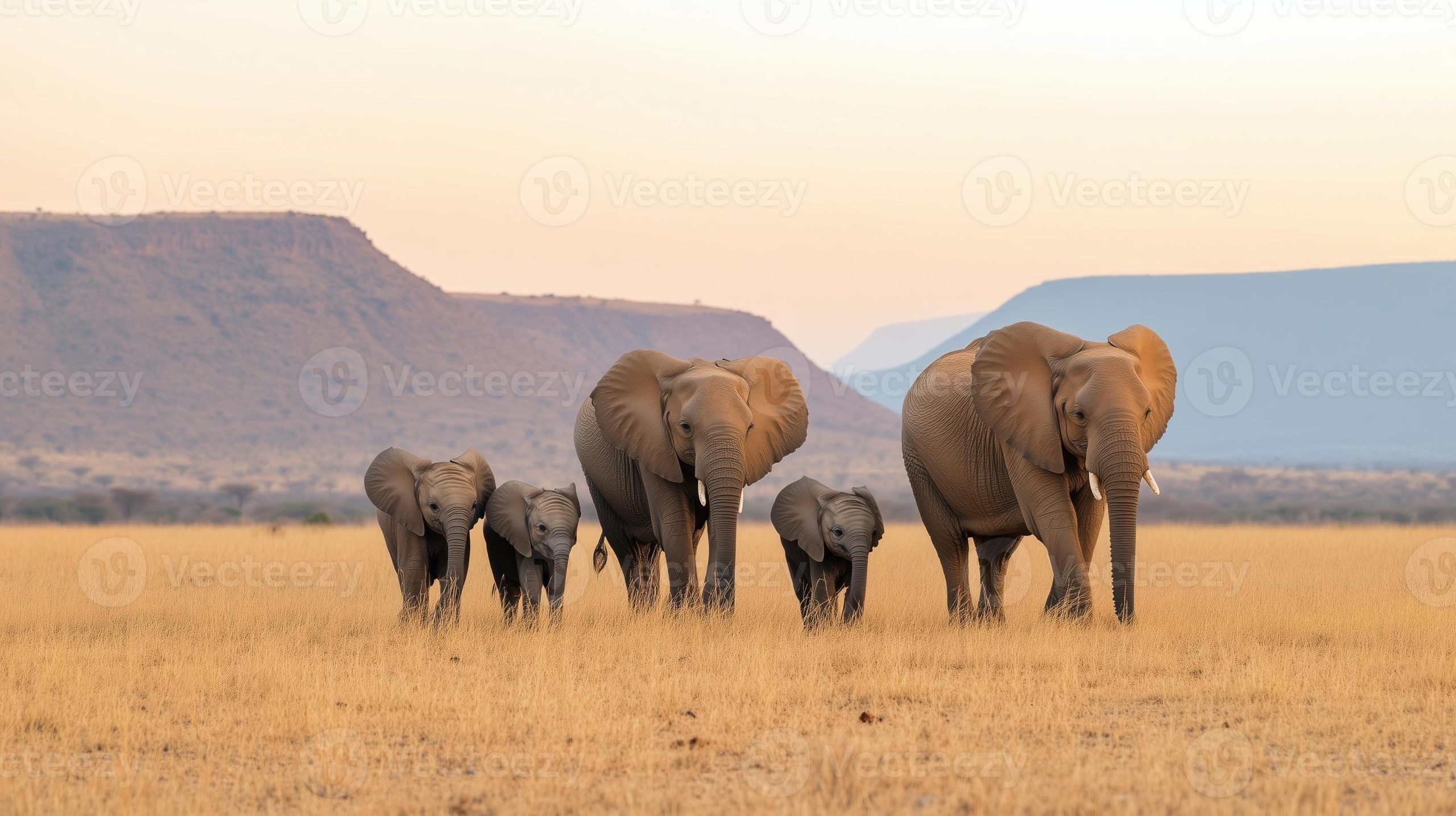 An African elephant family enjoying a sunny day