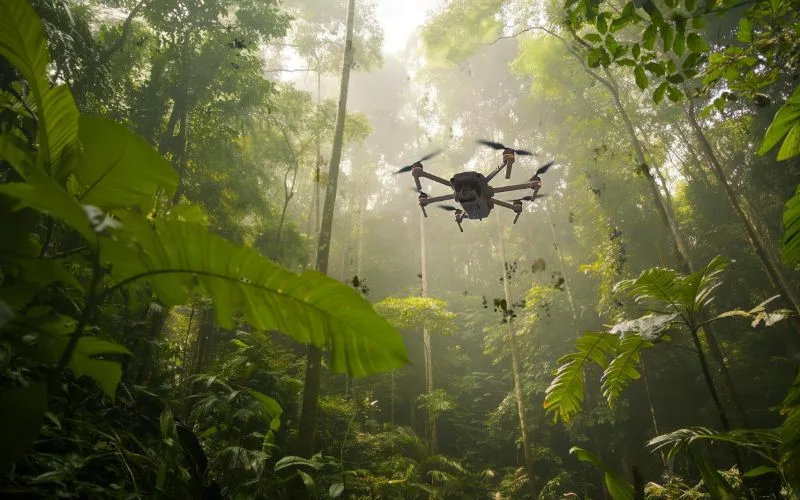A drone being used to monitor wildlife in a rainforest showcasing the power of technology in conservation