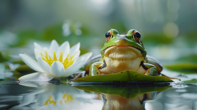 A vibrant green frog perched on a lily pad in a tranquil pond