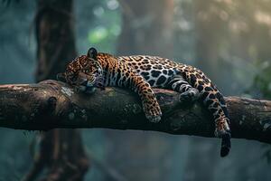 A majestic jaguar perfectly camouflaged resting on a branch in its natural habitat
