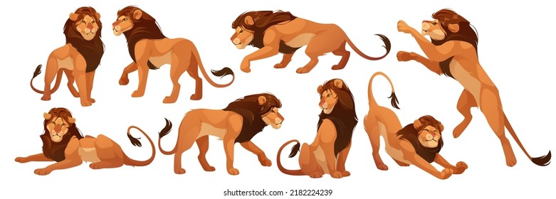 A collection of dynamic animal pose sketches showcasing a lion running a bird flying and a cat stretching