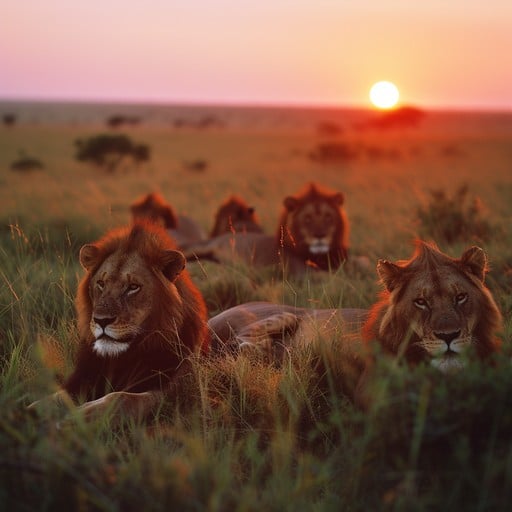 A majestic lion pride surveys their territory at sunset