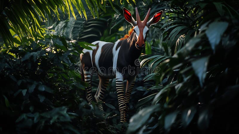 An Okapi with its striking striped legs blends seamlessly into the dappled light of the Congolese rainforest