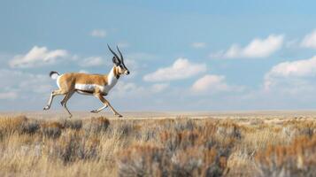 A pronghorn antelope gracefully running across the open prairie its unique horn structure visible