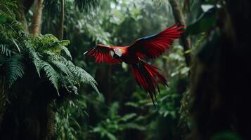 A vibrant Scarlet Macaw soaring above the Amazon rainforest
