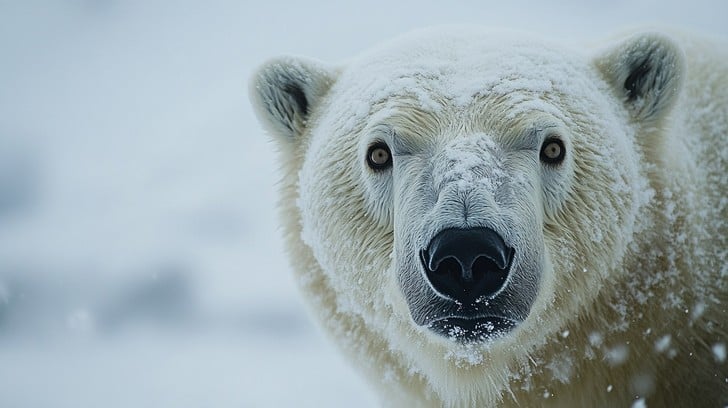 A polar bear with its thick fur in the snowy Arctic environment