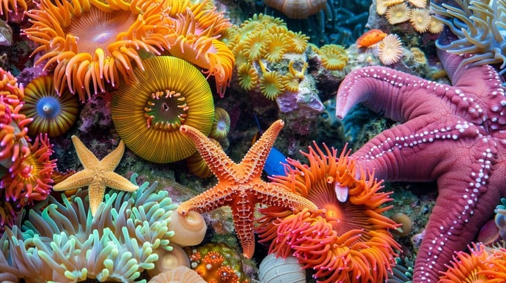 A vibrant coral reef teeming with diverse invertebrates including starfish sea anemones and colorful corals