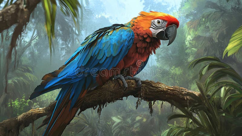 A vibrant scarlet macaw perched on a branch displaying its striking plumage