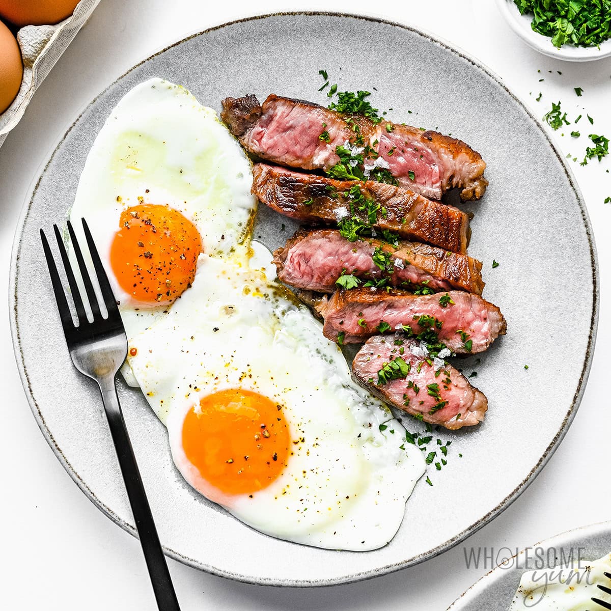 A typical carnivore diet meal consisting of steak and eggs