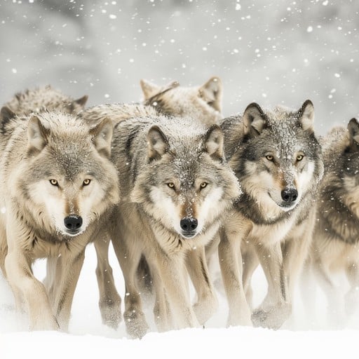 A wolf pack demonstrating cooperative behavior highlighting their complex social structure