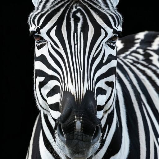 A detailed closeup of a zebras face showcasing the unique pattern of its stripes