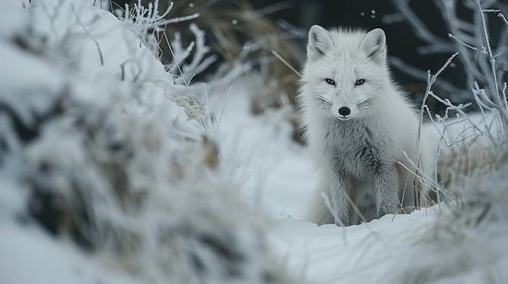 An Arctic fox with its winter coat blending into the snowy environment