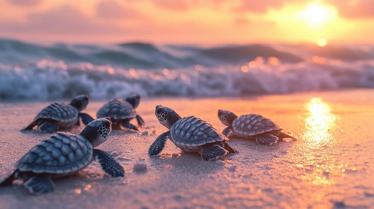 Newborn sea turtles instinctively heading towards the ocean