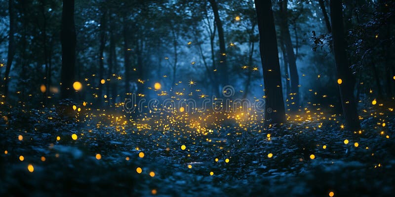 Fireflies perform a synchronized dance in a forest