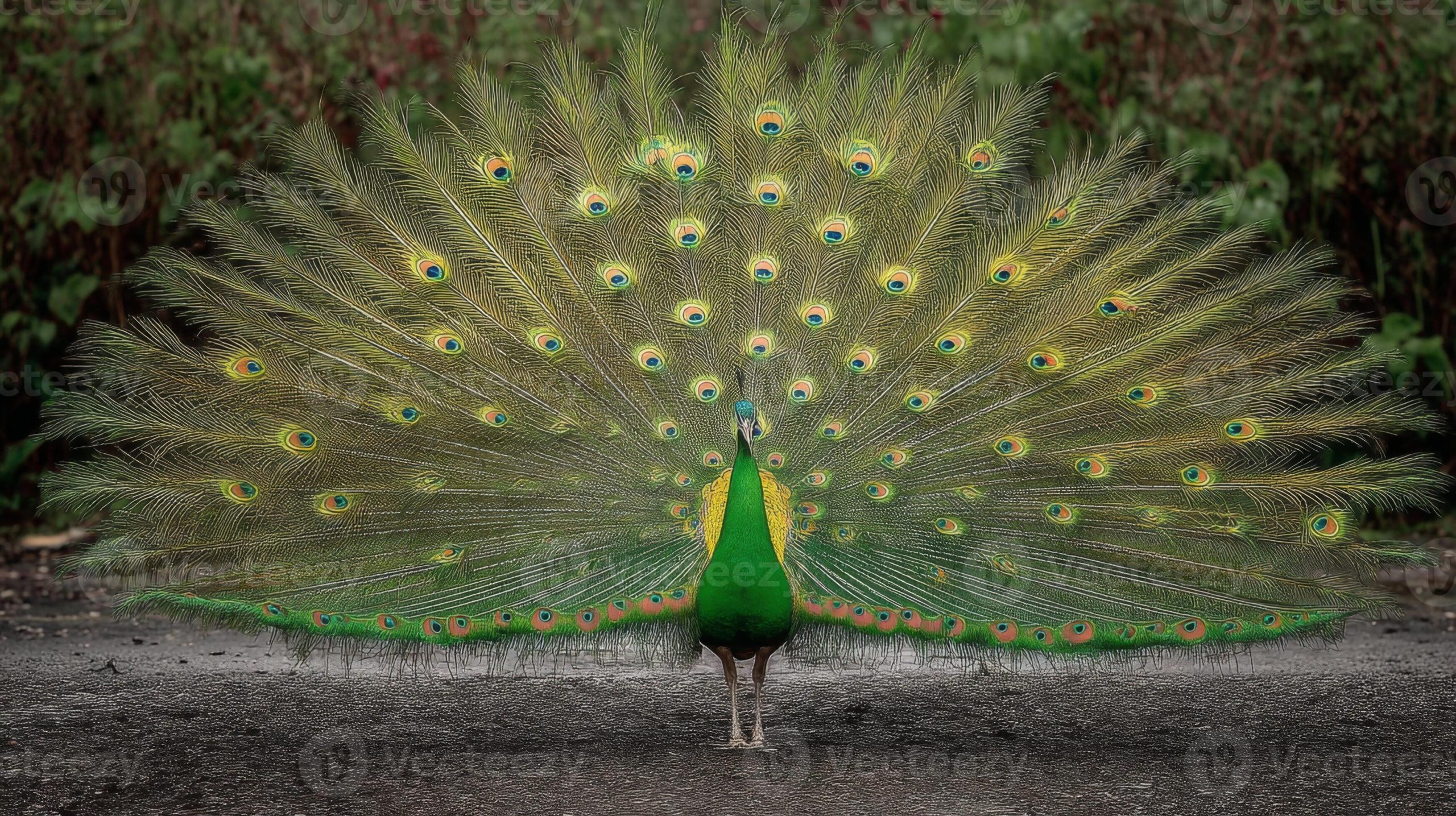 A peacock showcasing its vibrant tail feathers in a territorial dance