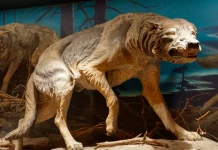 The Secrets Behind Extinct Animals: Unveiling the Dire Wolf A fossil exhibit showcasing the majestic Dire Wolf