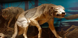 The Secrets Behind Extinct Animals: Unveiling the Dire Wolf A fossil exhibit showcasing the majestic Dire Wolf